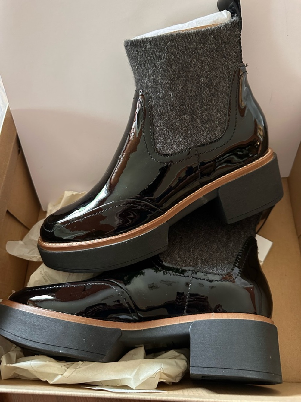 Dolce Vita Black Patent Chelsea Boot with Gray Knit Collar